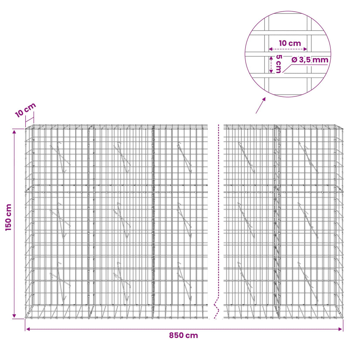 vidaXL Gabion z drutu 3,5 mm i siatką 5x10 cm 850x10x150 cm