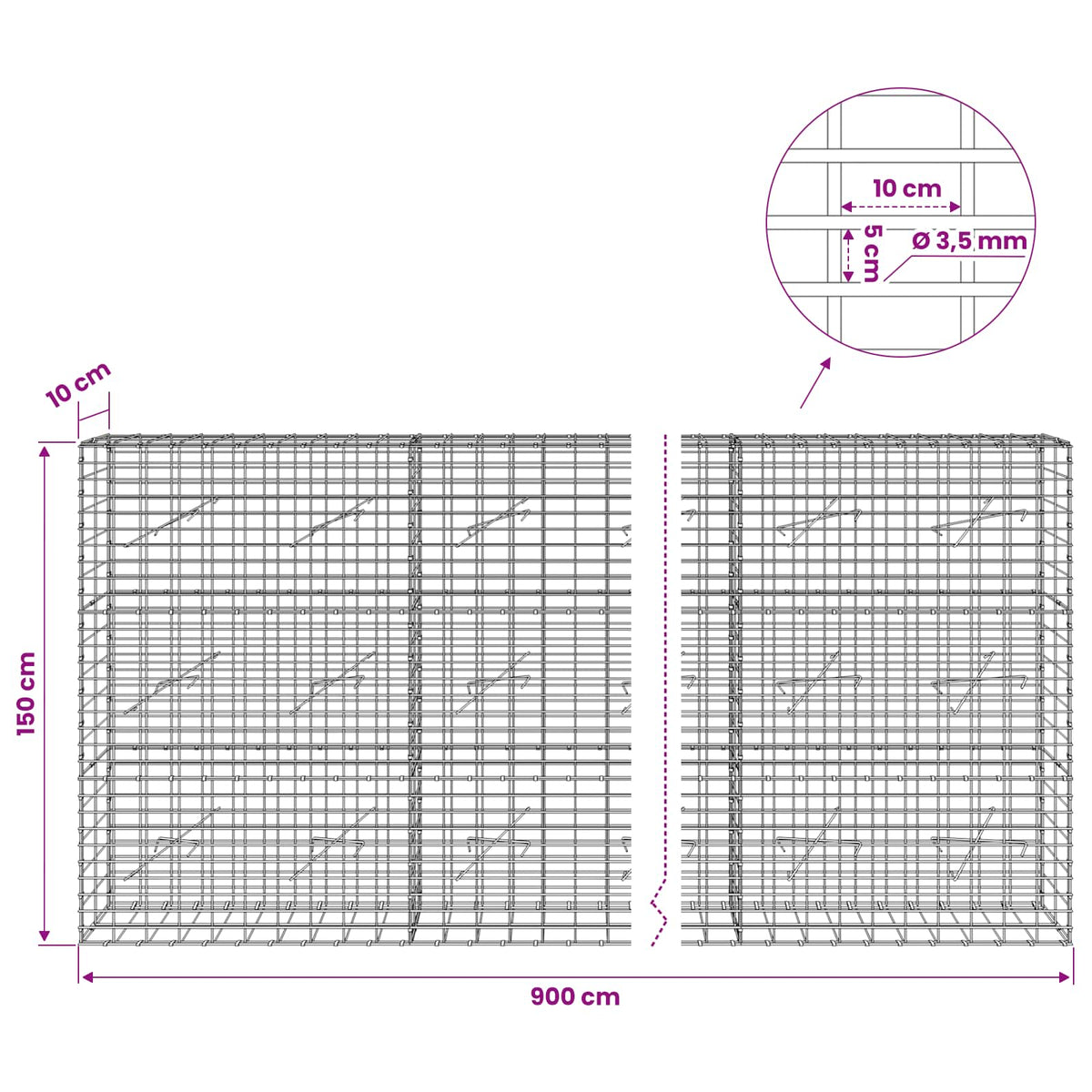 vidaXL Gabion z drutu 3,5 mm i siatką 5x10 cm 900x10x150 cm