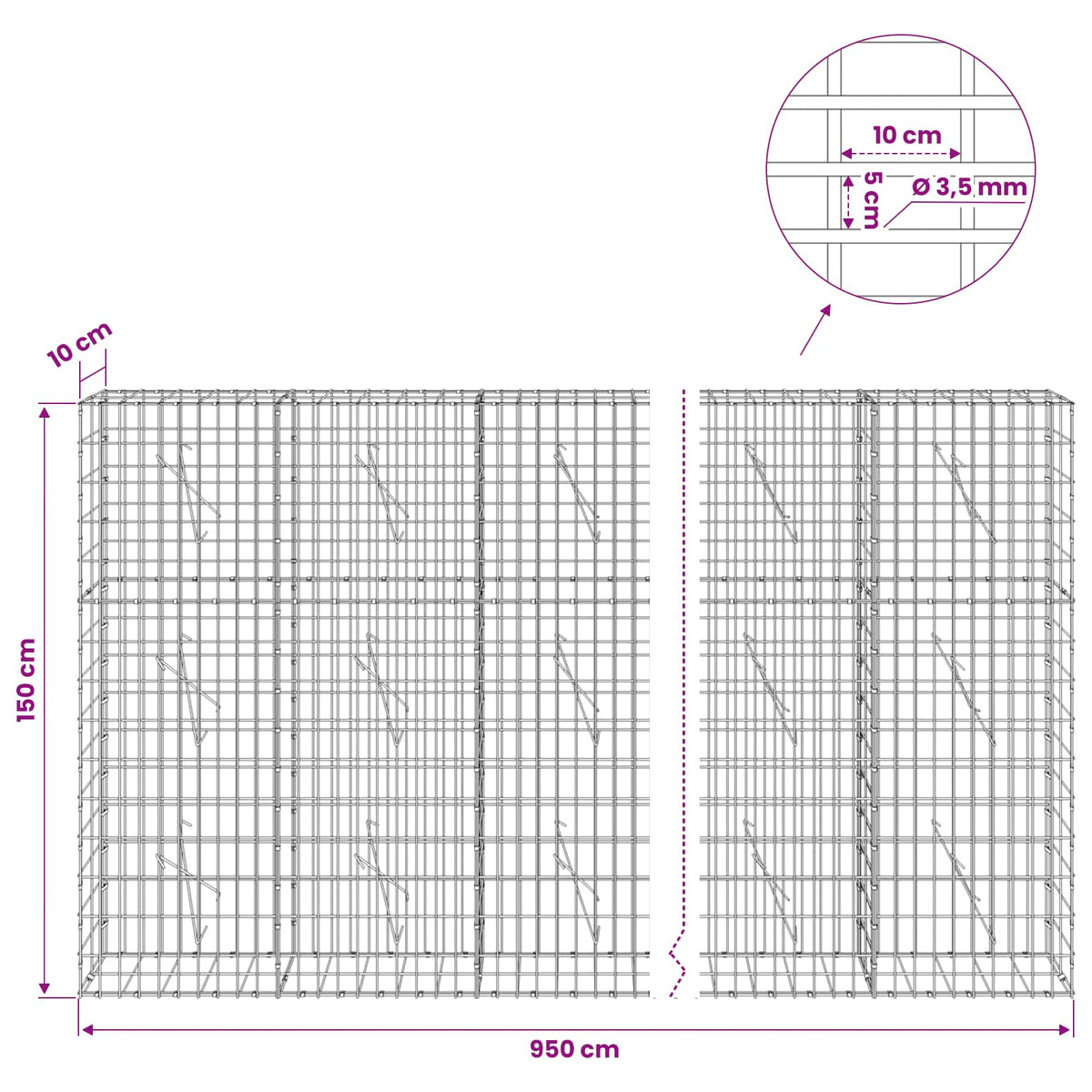 vidaXL Gabion z drutu 3,5 mm i siatką 5x10 cm 950x10x150 cm