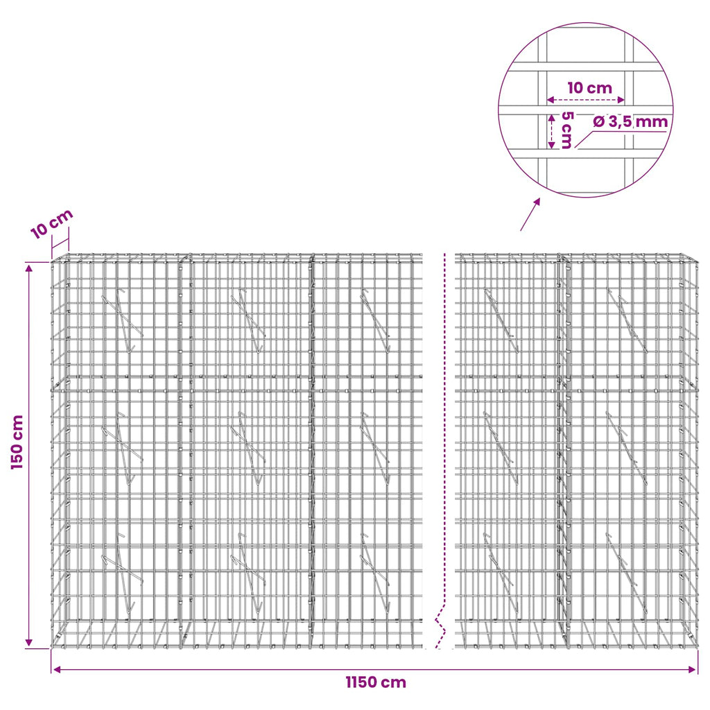 vidaXL Gabion z drutu 3,5 mm i siatką 5x10 cm 1150x10x150 cm