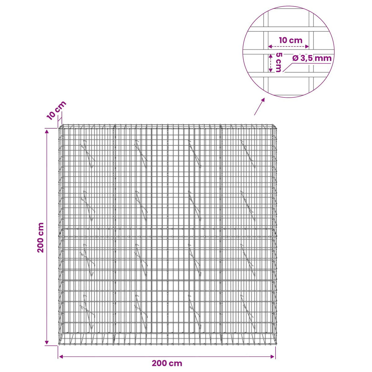 vidaXL Gabion z drutu 3,5 mm i siatką 5x10 cm 200x10x200 cm