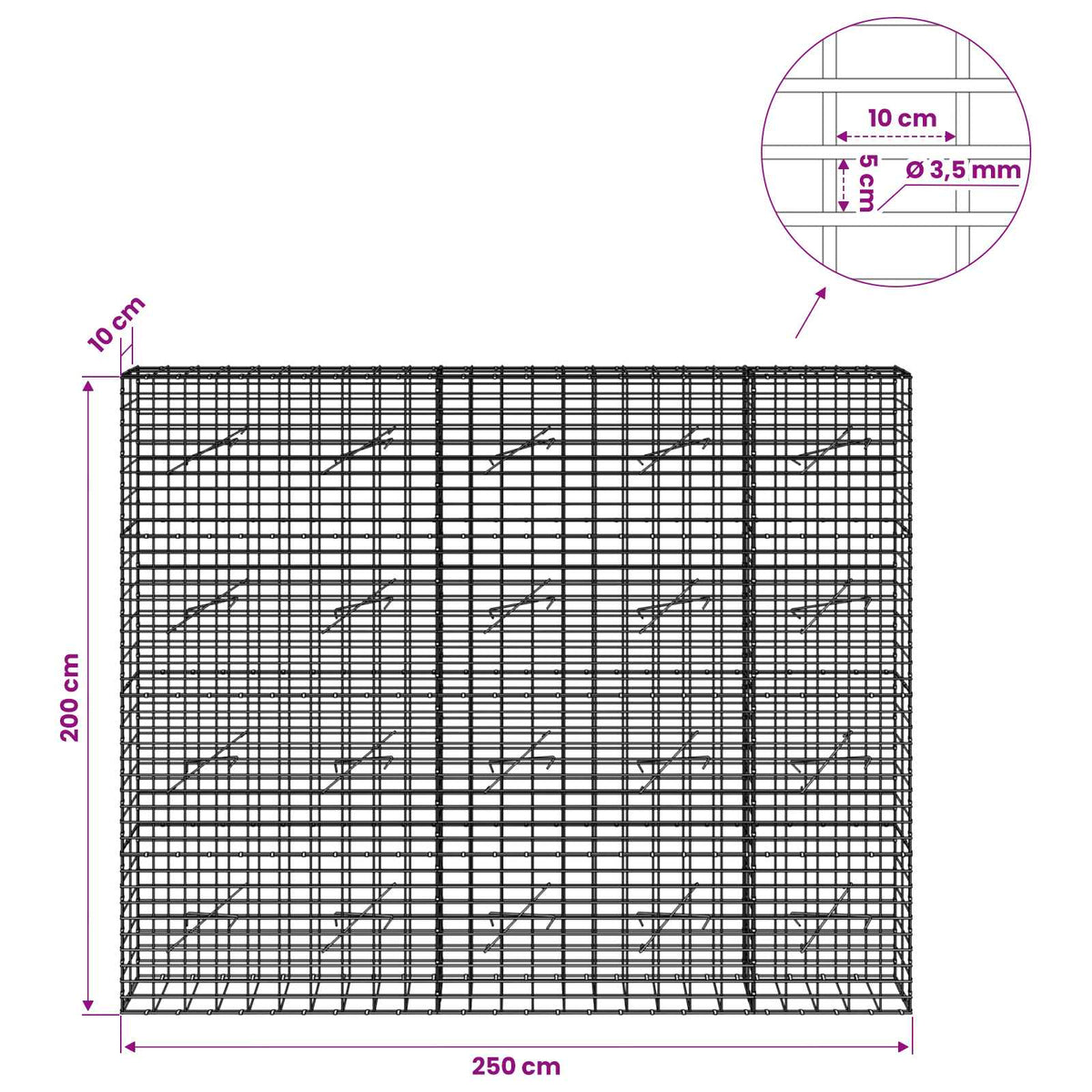 vidaXL Gabion z drutu 3,5 mm i siatką 5x10 cm 250x10x200 cm