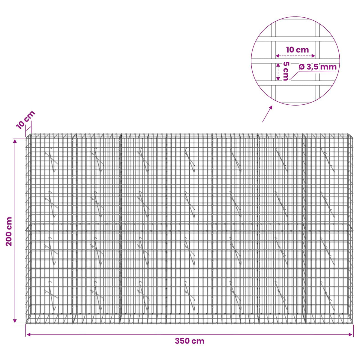 vidaXL Gabion z drutu 3,5 mm i siatką 5x10 cm 350x10x200 cm