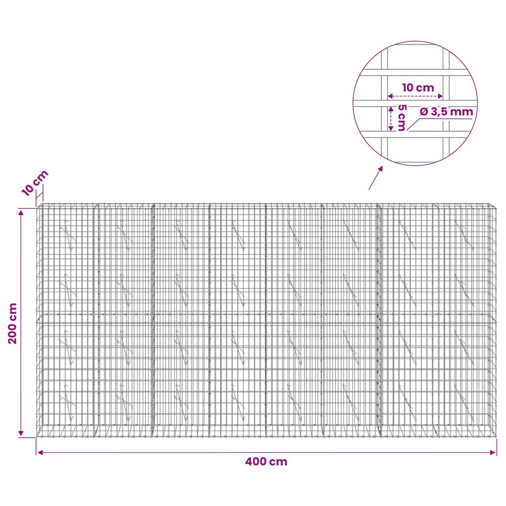 vidaXL Gabion z drutu 3,5 mm i siatką 5x10 cm 400x10x200 cm