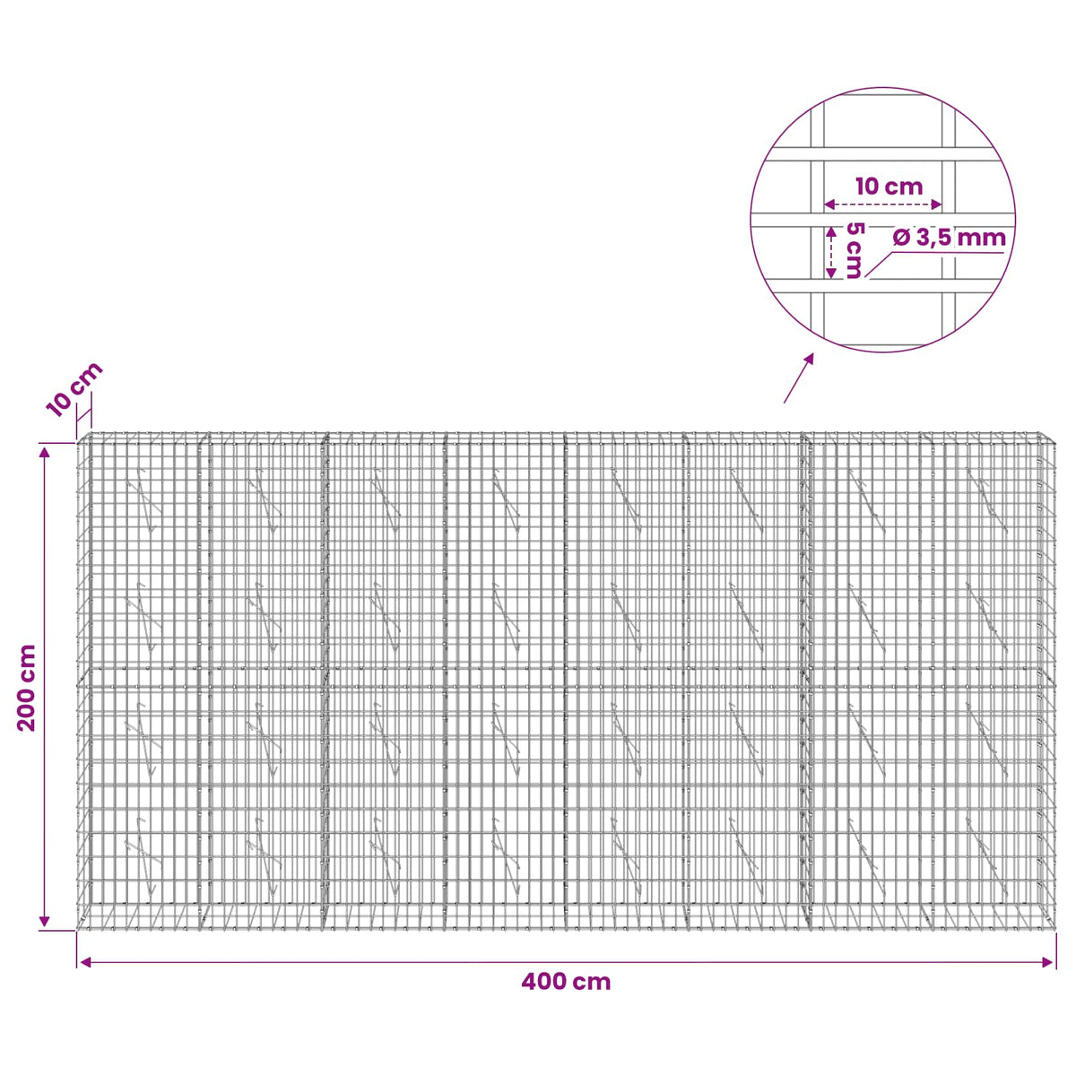 vidaXL Gabion z drutu 3,5 mm i siatką 5x10 cm 400x10x200 cm