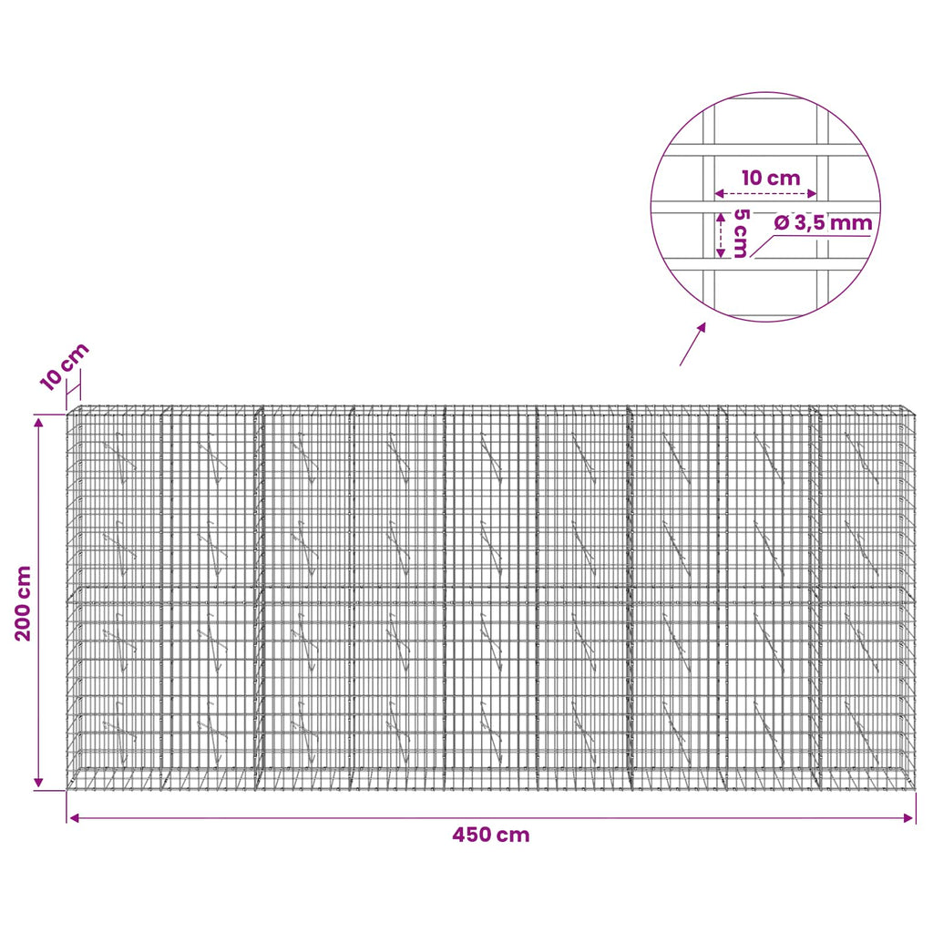 vidaXL Gabion z drutu 3,5 mm i siatką 5x10 cm 450x10x200 cm