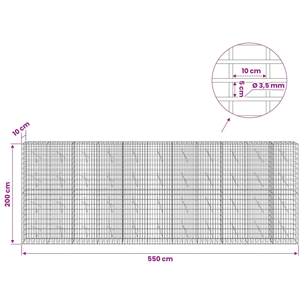 vidaXL Gabion z drutu 3,5 mm i siatką 5x10 cm 550x10x200 cm
