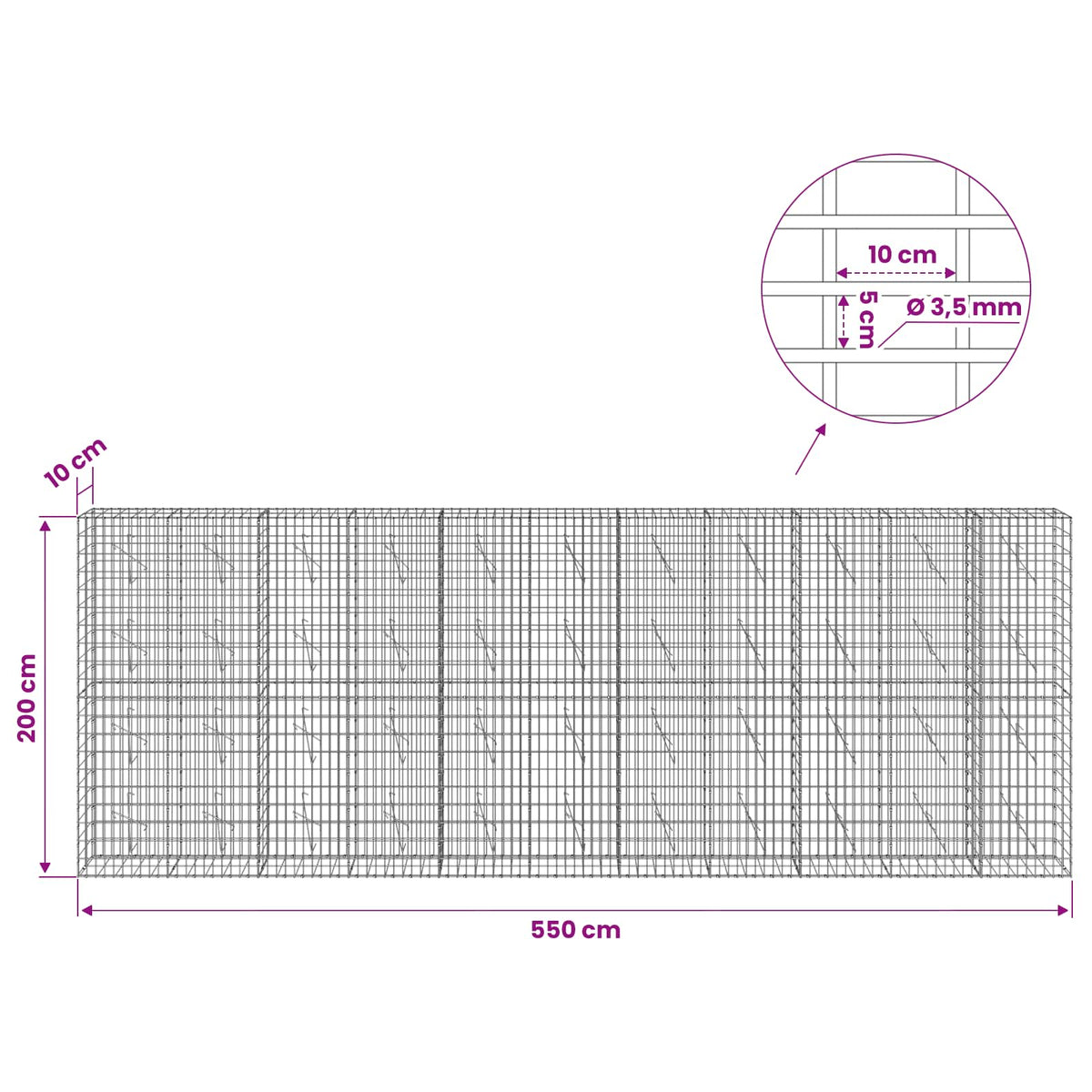 vidaXL Gabion z drutu 3,5 mm i siatką 5x10 cm 550x10x200 cm