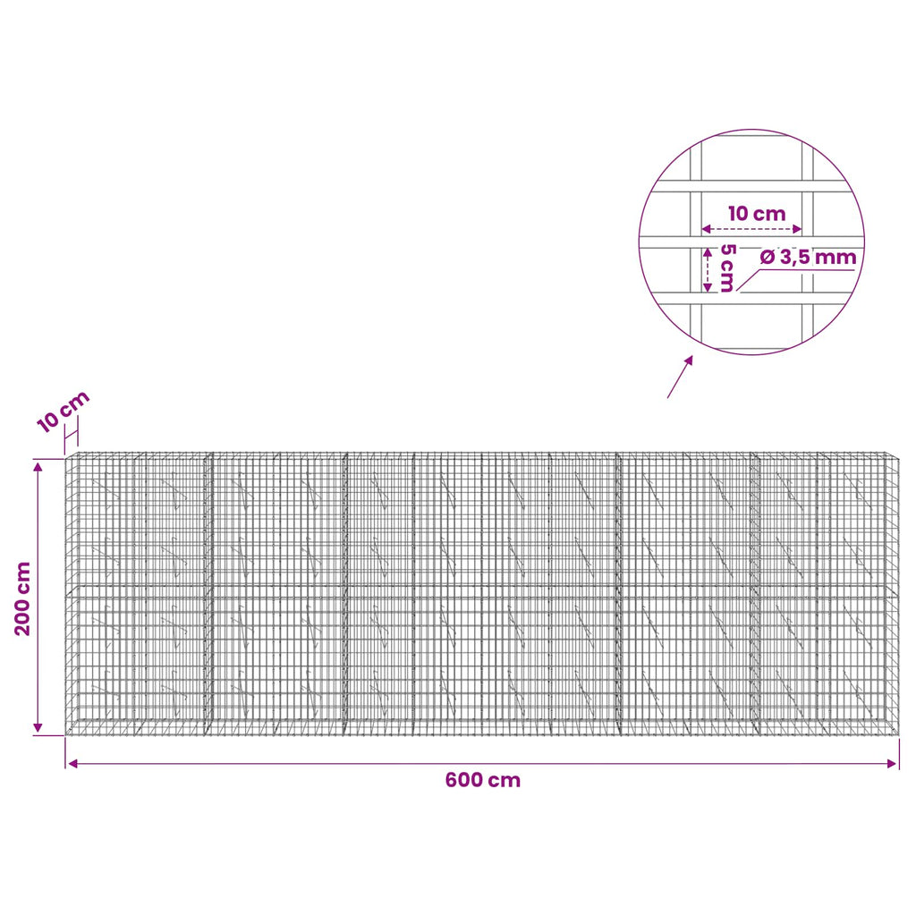vidaXL Gabion z drutu 3,5 mm i siatką 5x10 cm 600x10x200 cm