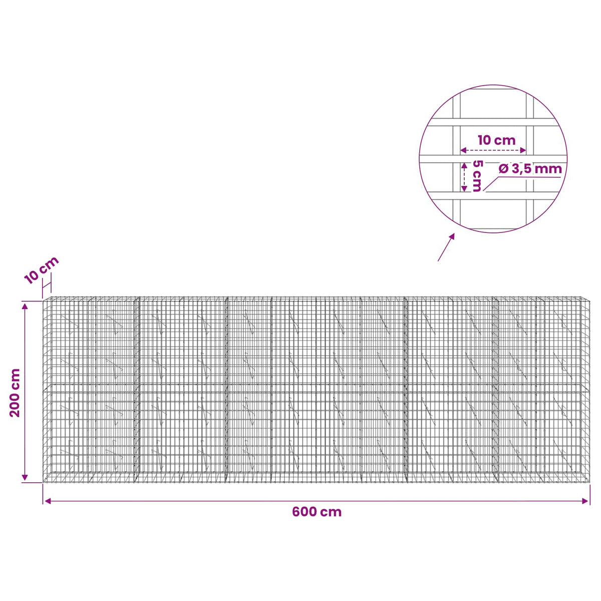 vidaXL Gabion z drutu 3,5 mm i siatką 5x10 cm 600x10x200 cm