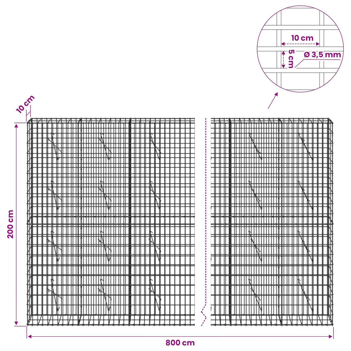 vidaXL Gabion z drutu 3,5 mm i siatką 5x10 cm 800x10x200 cm