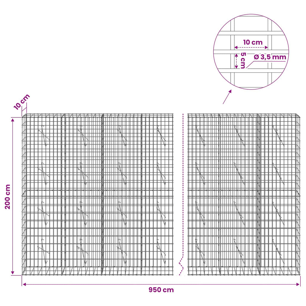 vidaXL Gabion z drutu 3,5 mm i siatką 5x10 cm 950x10x200 cm