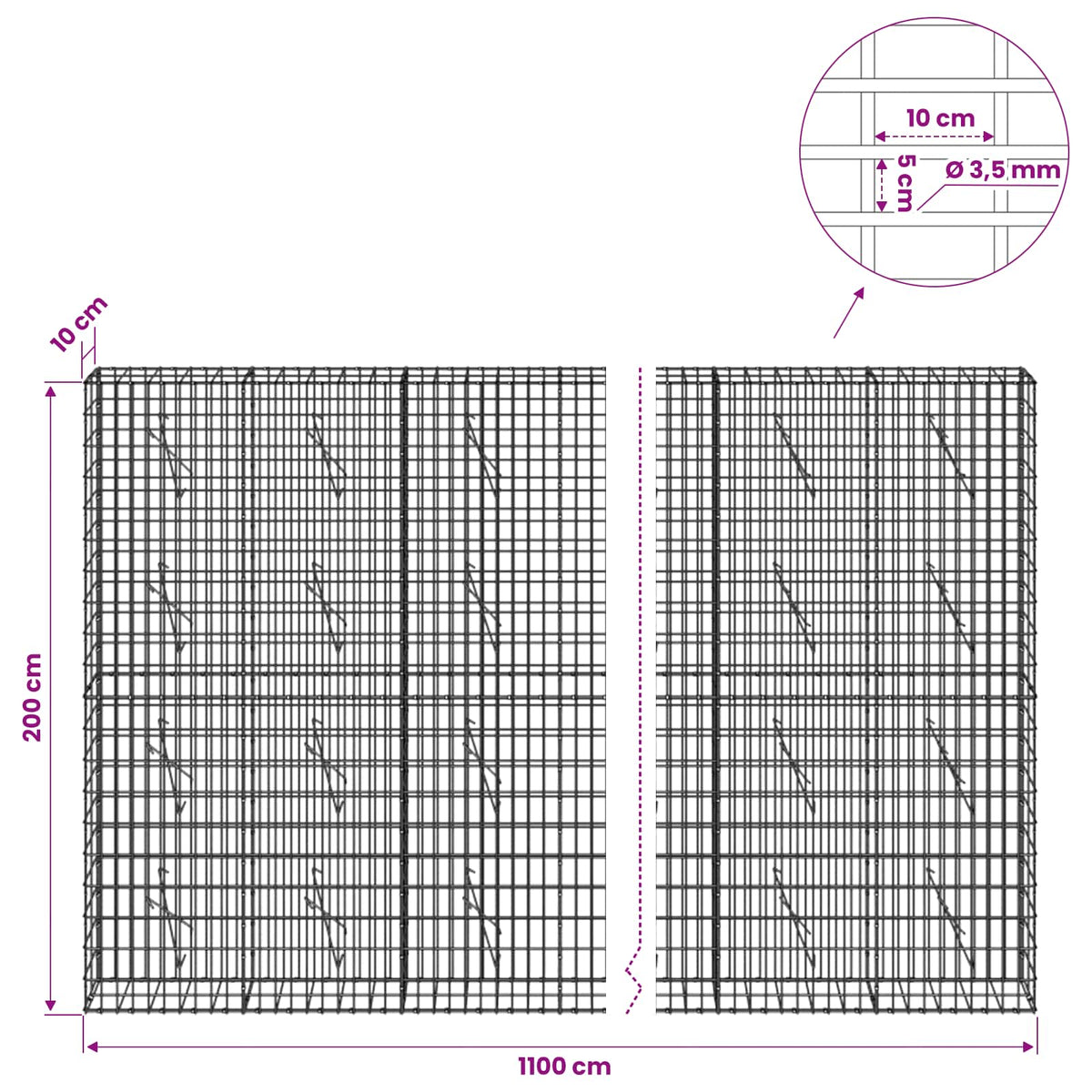 vidaXL Gabion z drutu 3,5 mm i siatką 5x10 cm 1100x10x200 cm