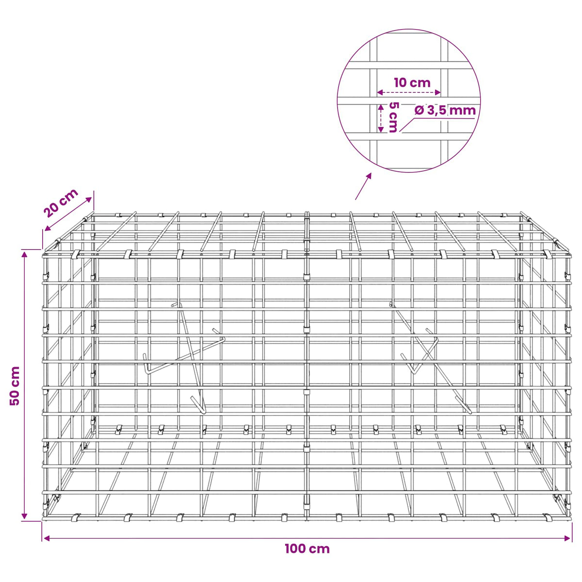 vidaXL Gabion z drutu 3,5 mm i siatką 5x10 cm 100x20x50 cm