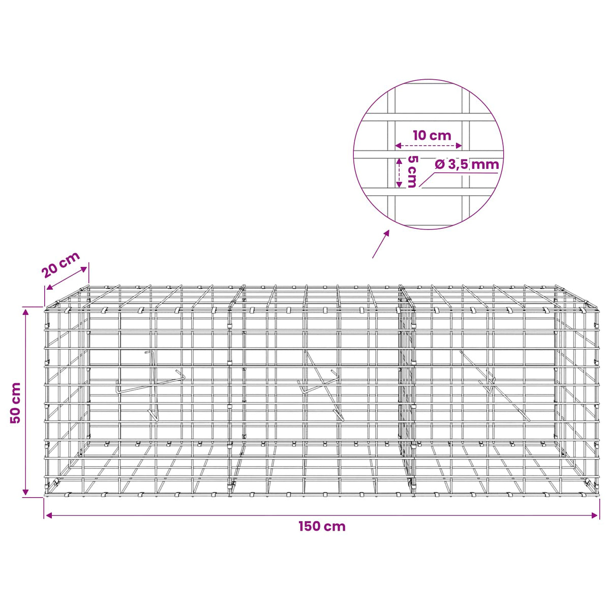 vidaXL Gabion z drutu 3,5 mm i siatką 5x10 cm 150x20x50 cm