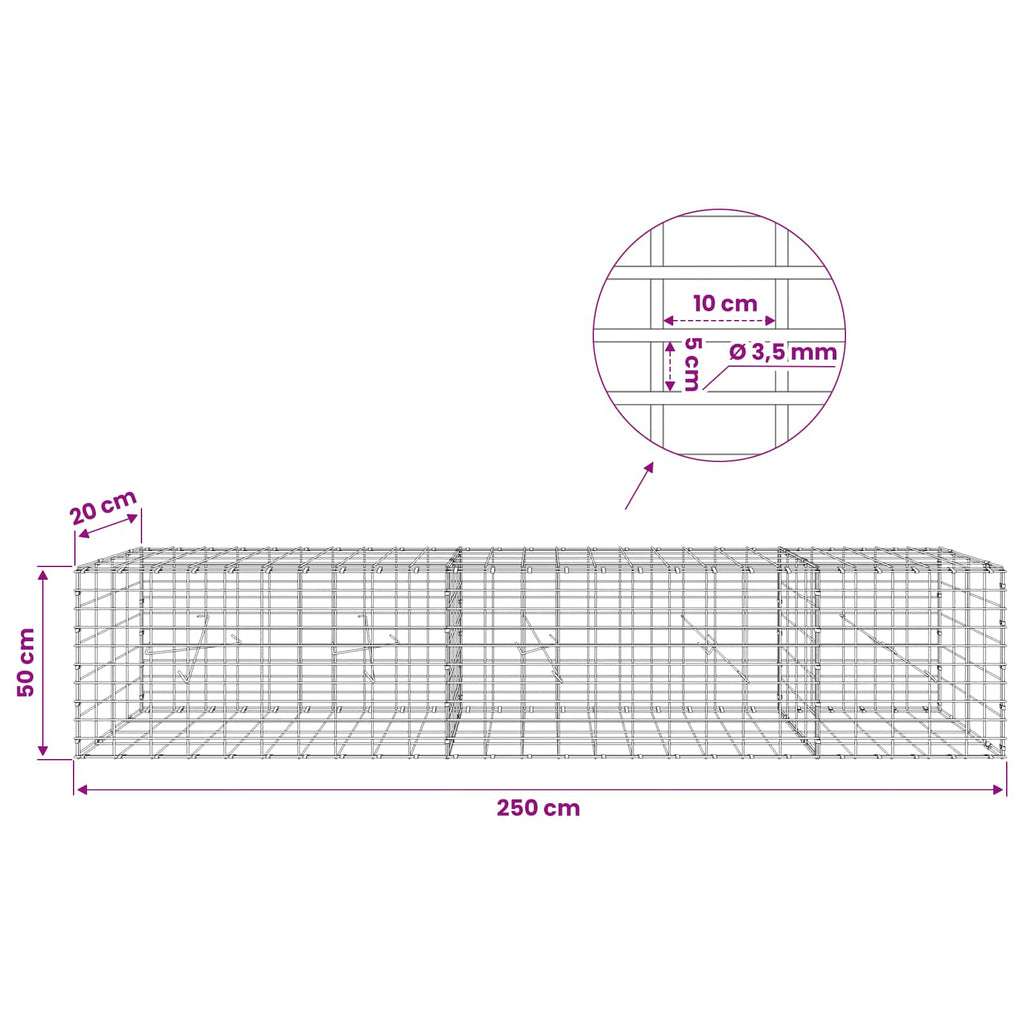 vidaXL Gabion z drutu 3,5 mm i siatką 5x10 cm 250x20x50 cm