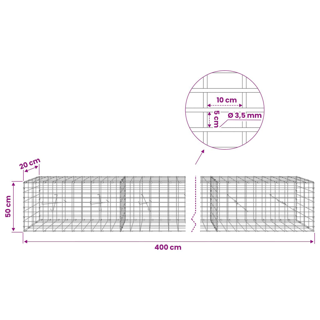 vidaXL Gabion z drutu 3,5 mm i siatką 5x10 cm 400x20x50 cm