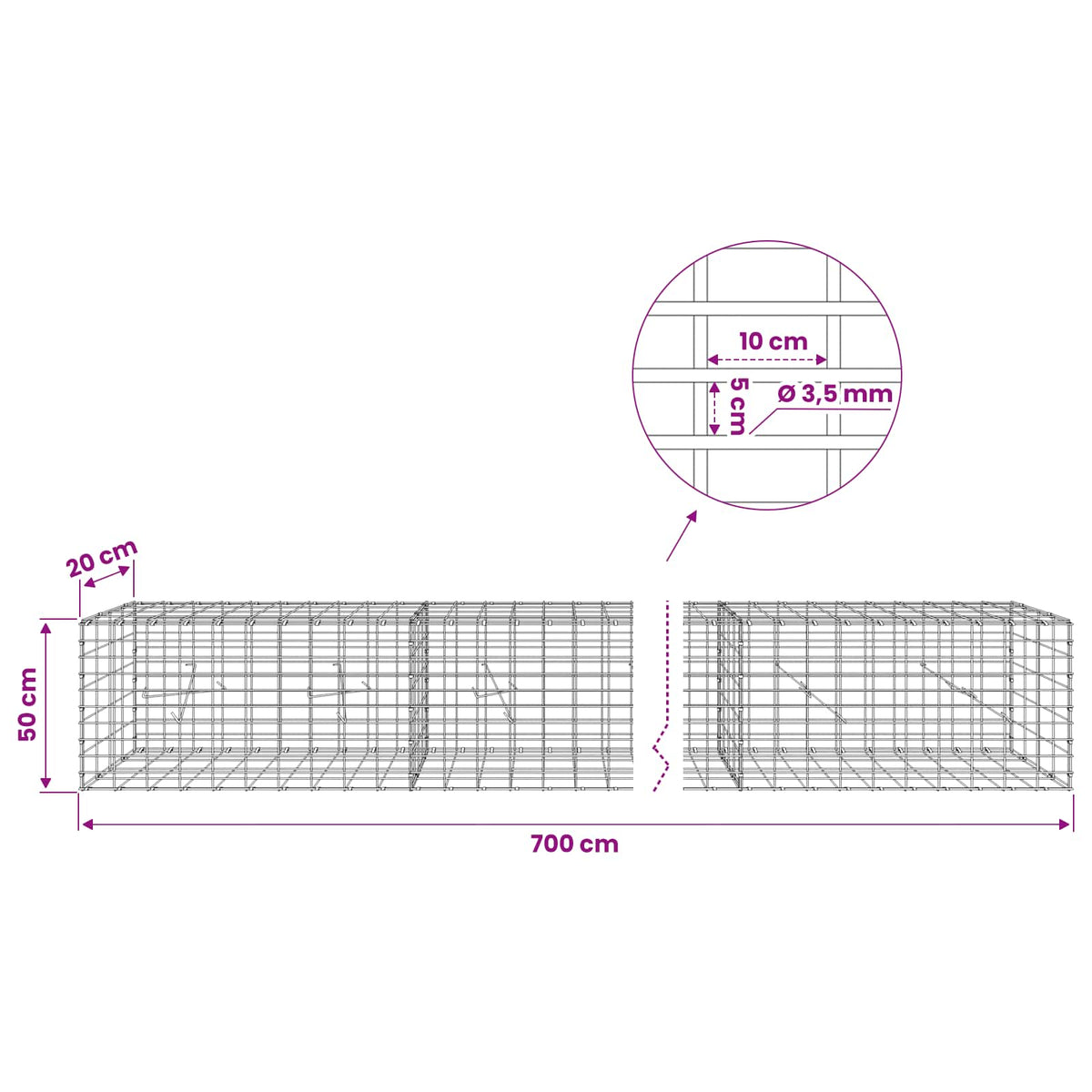 vidaXL Gabion z drutu 3,5 mm i siatką 5x10 cm 700x20x50 cm