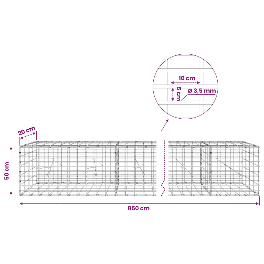 vidaXL Gabion z drutu 3,5 mm i siatką 5x10 cm 850x20x50 cm