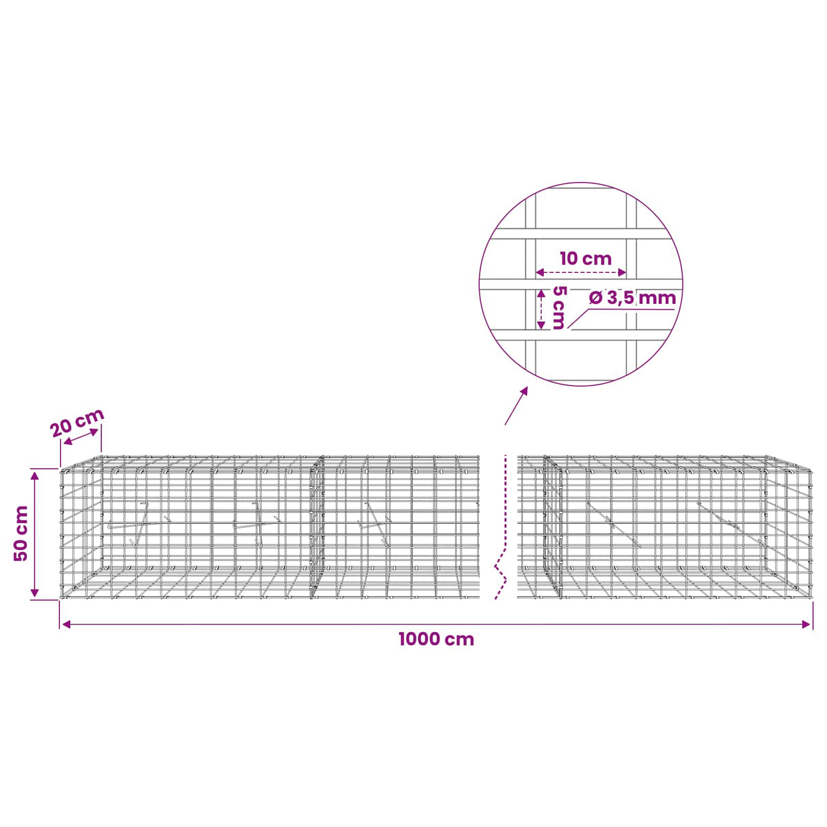 vidaXL Gabion z drutu 3,5 mm i siatką 5x10 cm 1000x20x50 cm