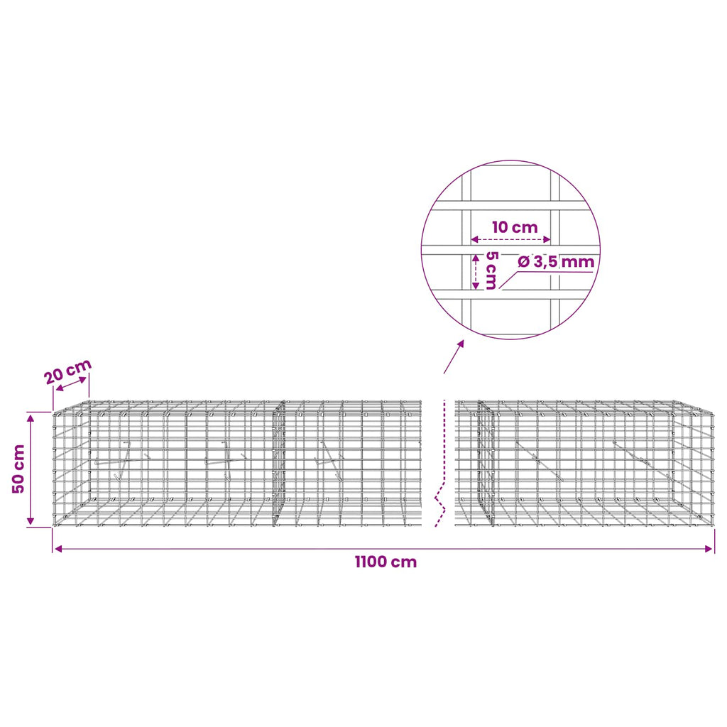 vidaXL Gabion z drutu 3,5 mm i siatką 5x10 cm 1100x20x50 cm