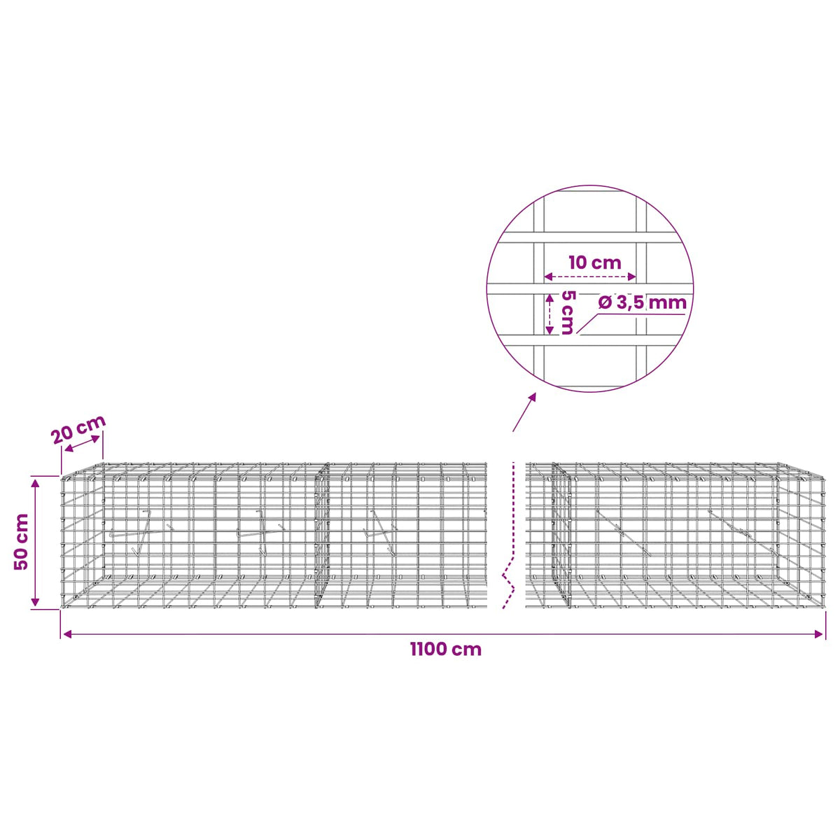vidaXL Gabion z drutu 3,5 mm i siatką 5x10 cm 1100x20x50 cm