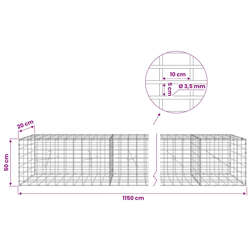 vidaXL Gabion z drutu 3,5 mm i siatką 5x10 cm 1150x20x50 cm