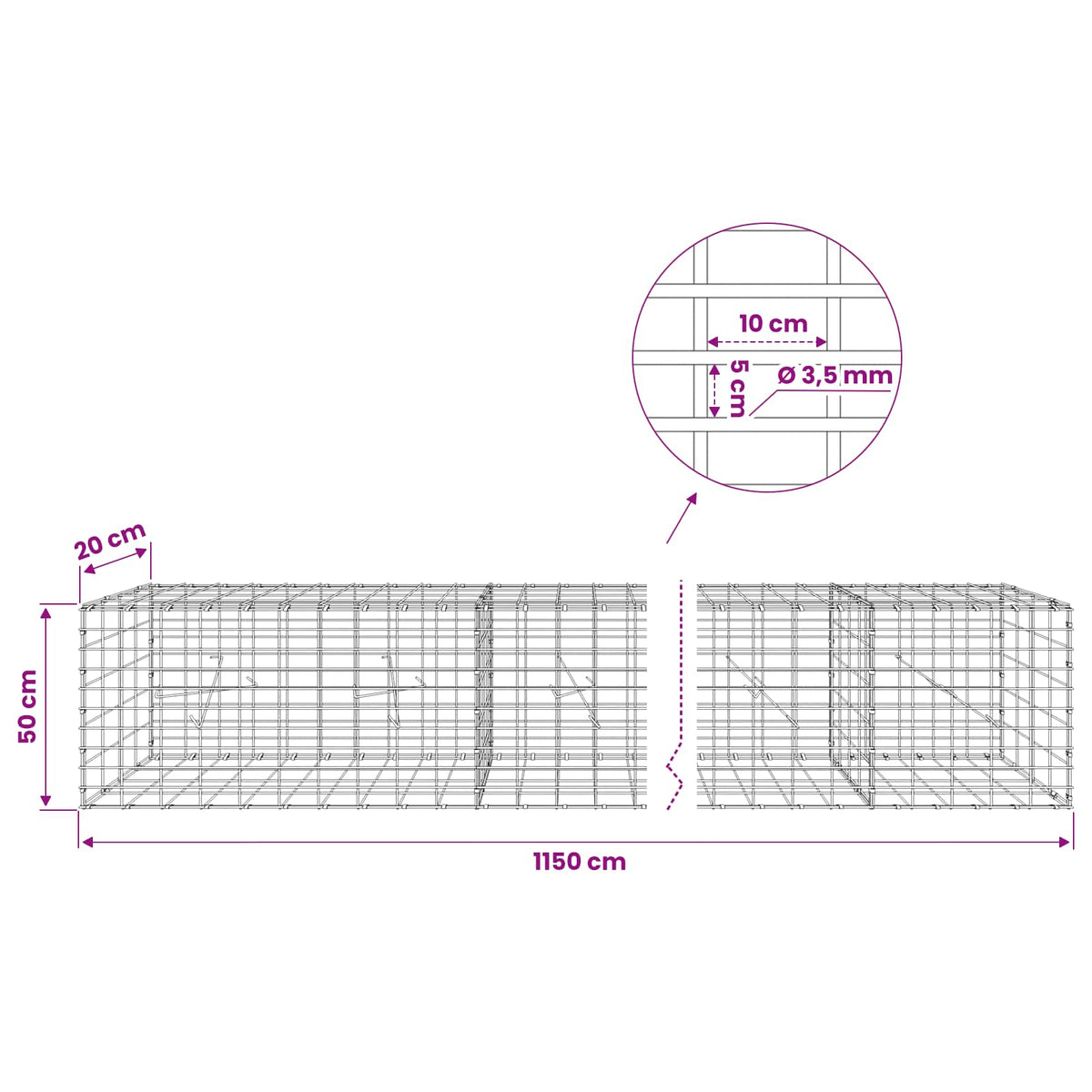 vidaXL Gabion z drutu 3,5 mm i siatką 5x10 cm 1150x20x50 cm