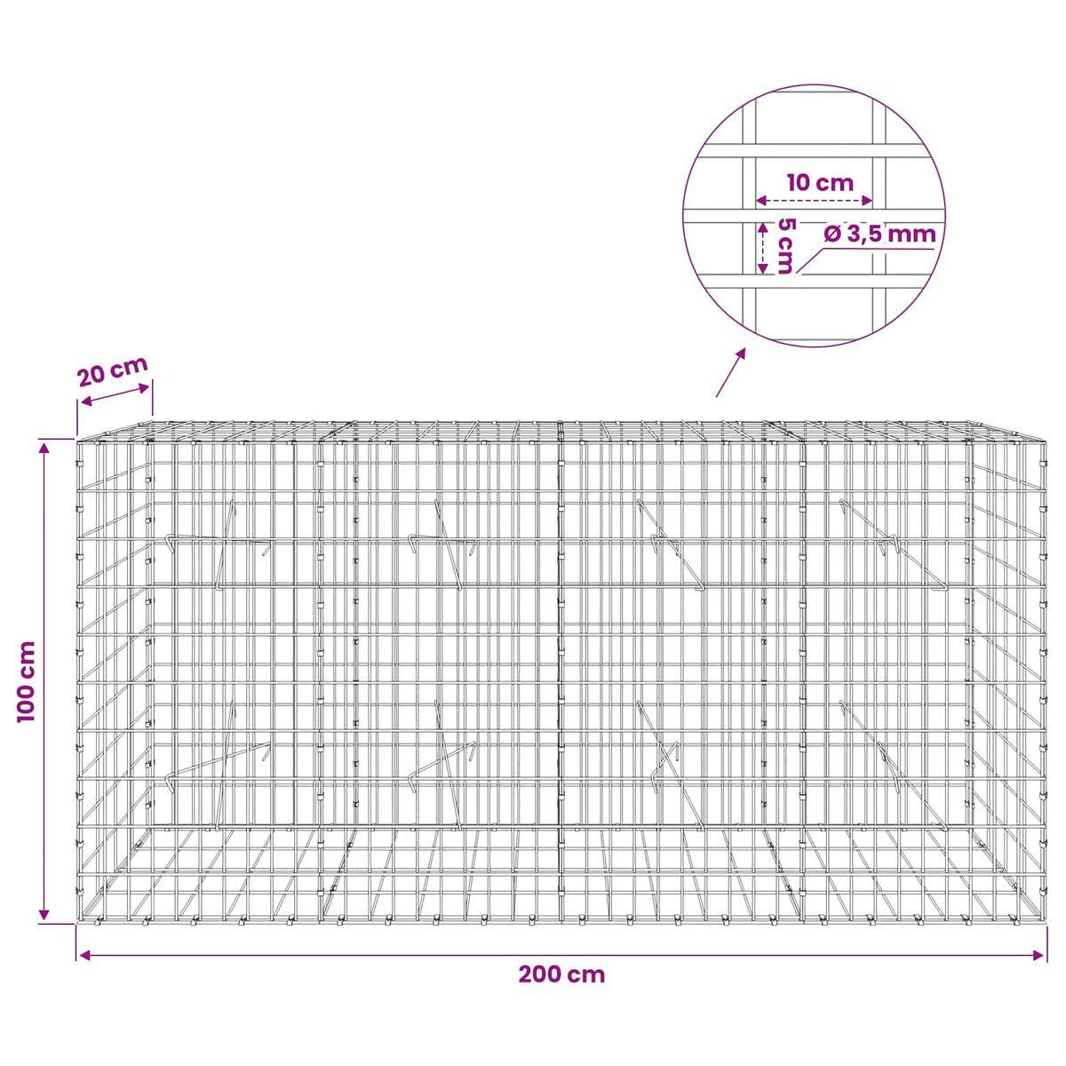 vidaXL Gabion z drutu 3,5 mm i siatką 5x10 cm 200x20x100 cm