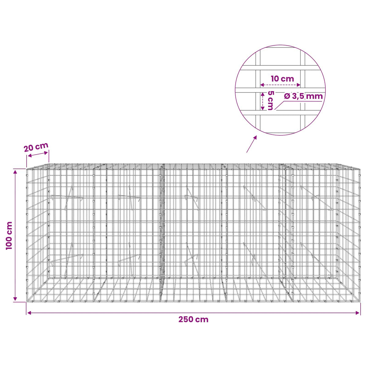vidaXL Gabion z drutu 3,5 mm i siatką 5x10 cm 250x20x100 cm