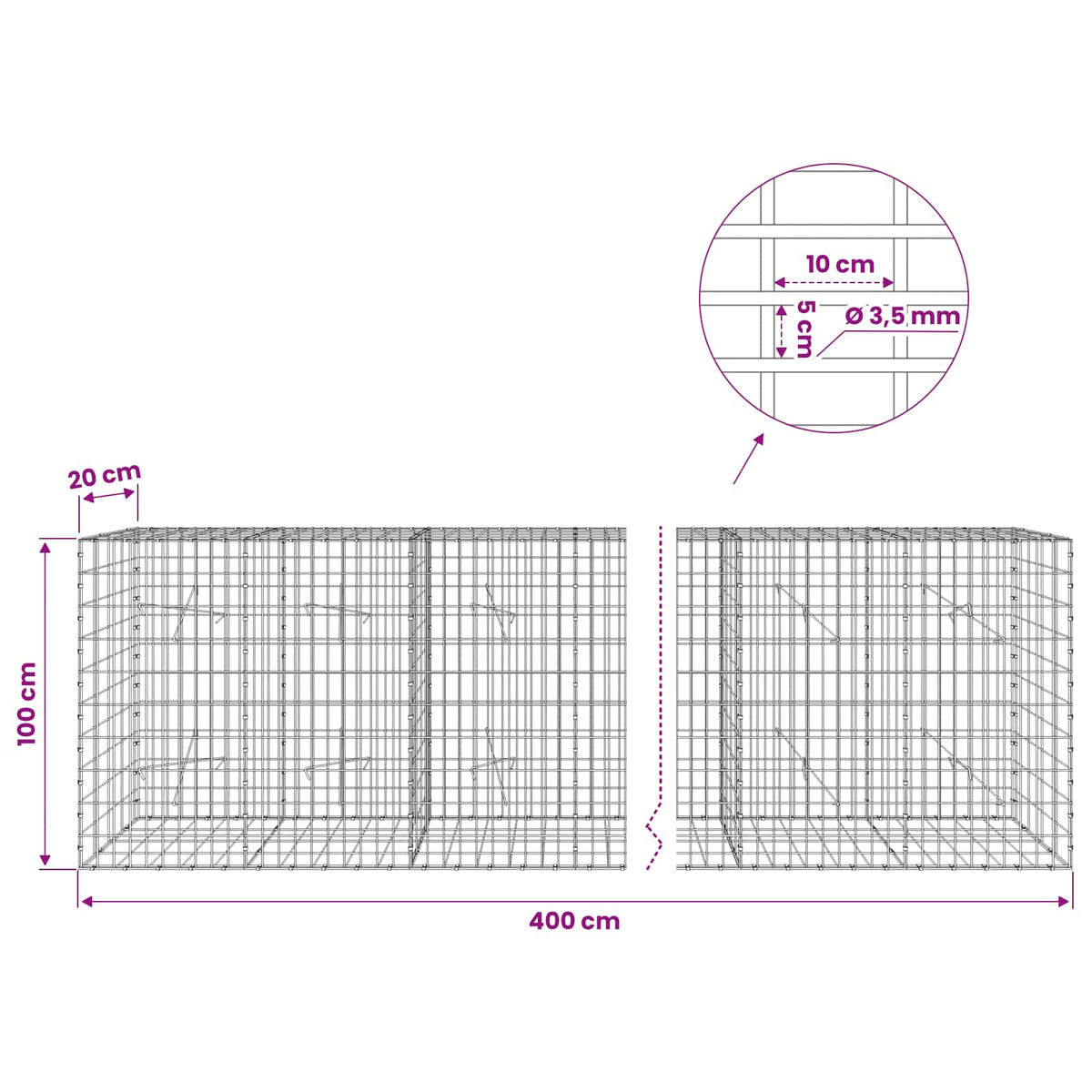vidaXL Gabion z drutu 3,5 mm i siatką 5x10 cm 400x20x100 cm
