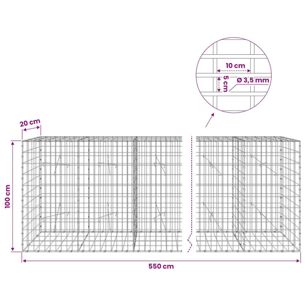 vidaXL Gabion z drutu 3,5 mm i siatką 5x10 cm 550x20x100 cm