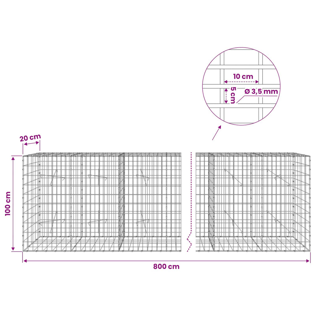 vidaXL Gabion z drutu 3,5 mm i siatką 5x10 cm 800x20x100 cm