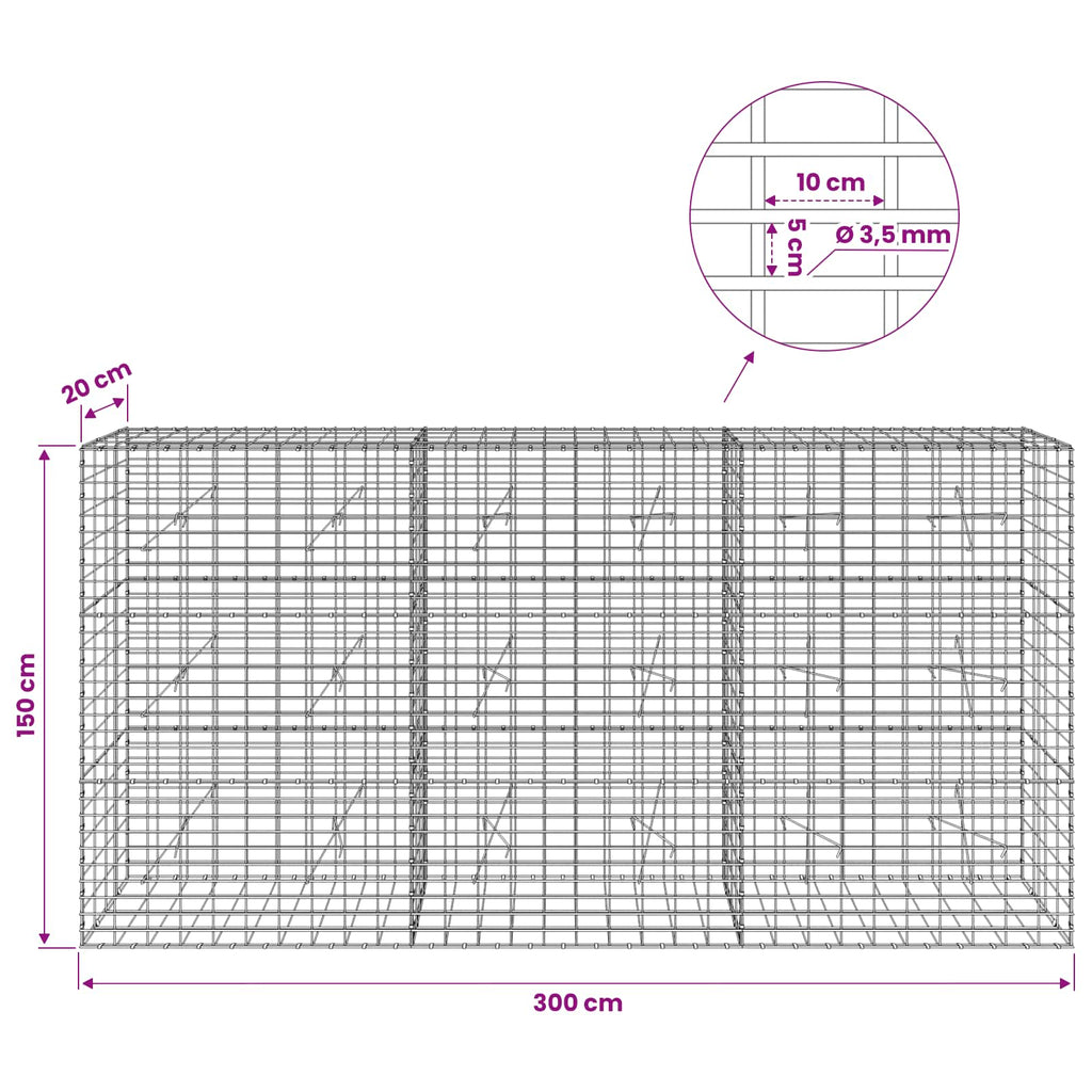vidaXL Gabion z drutu 3,5 mm i siatką 5x10 cm 300x20x150 cm