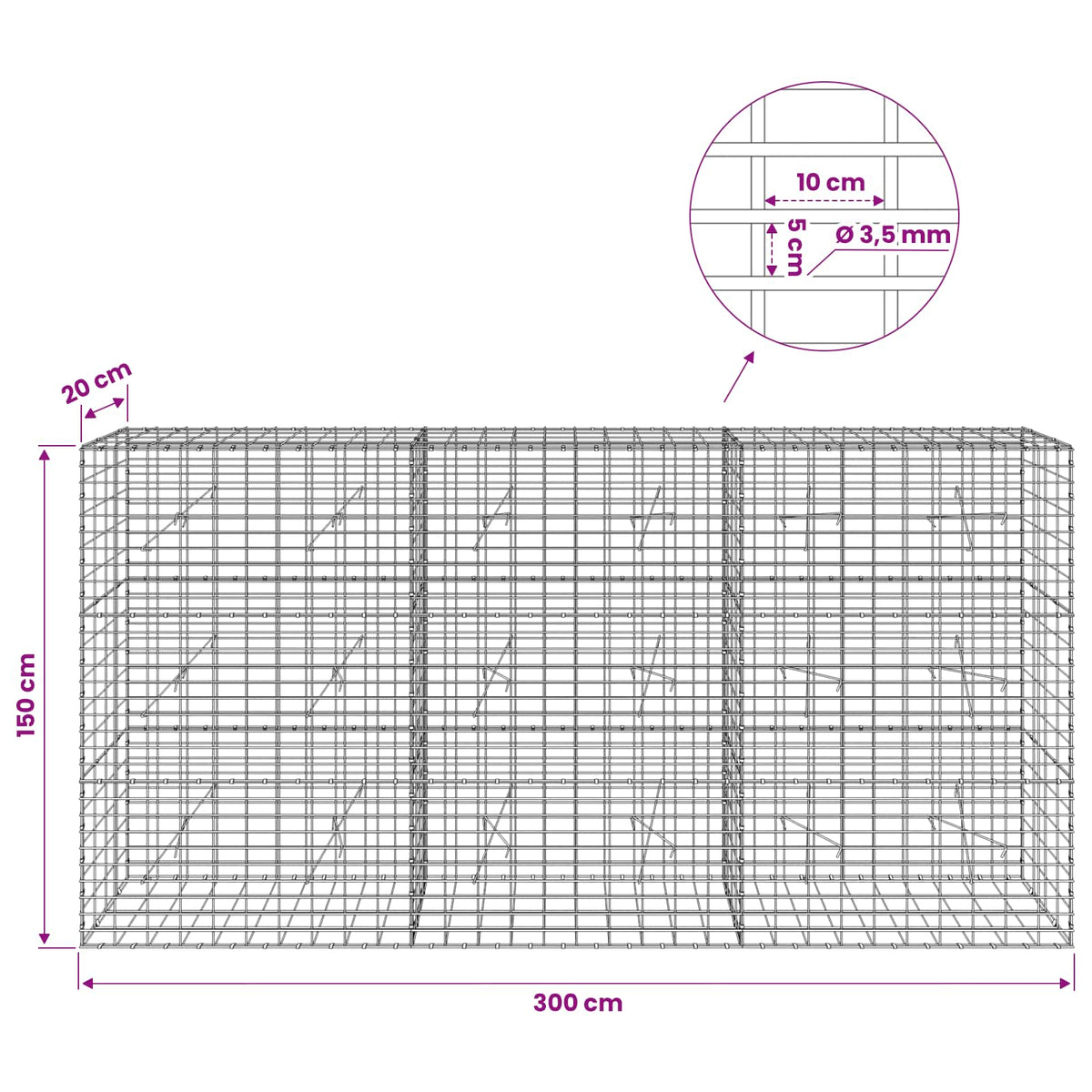 vidaXL Gabion z drutu 3,5 mm i siatką 5x10 cm 300x20x150 cm