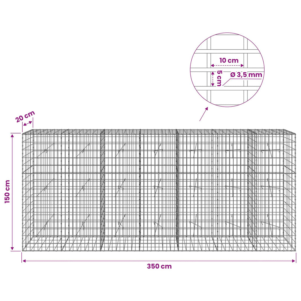 vidaXL Gabion z drutu 3,5 mm i siatką 5x10 cm 350x20x150 cm