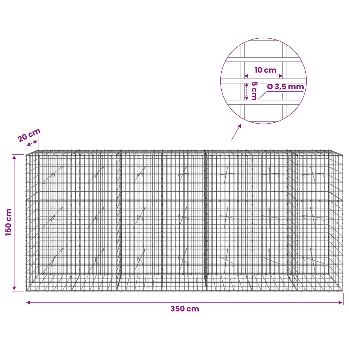 vidaXL Gabion z drutu 3,5 mm i siatką 5x10 cm 350x20x150 cm