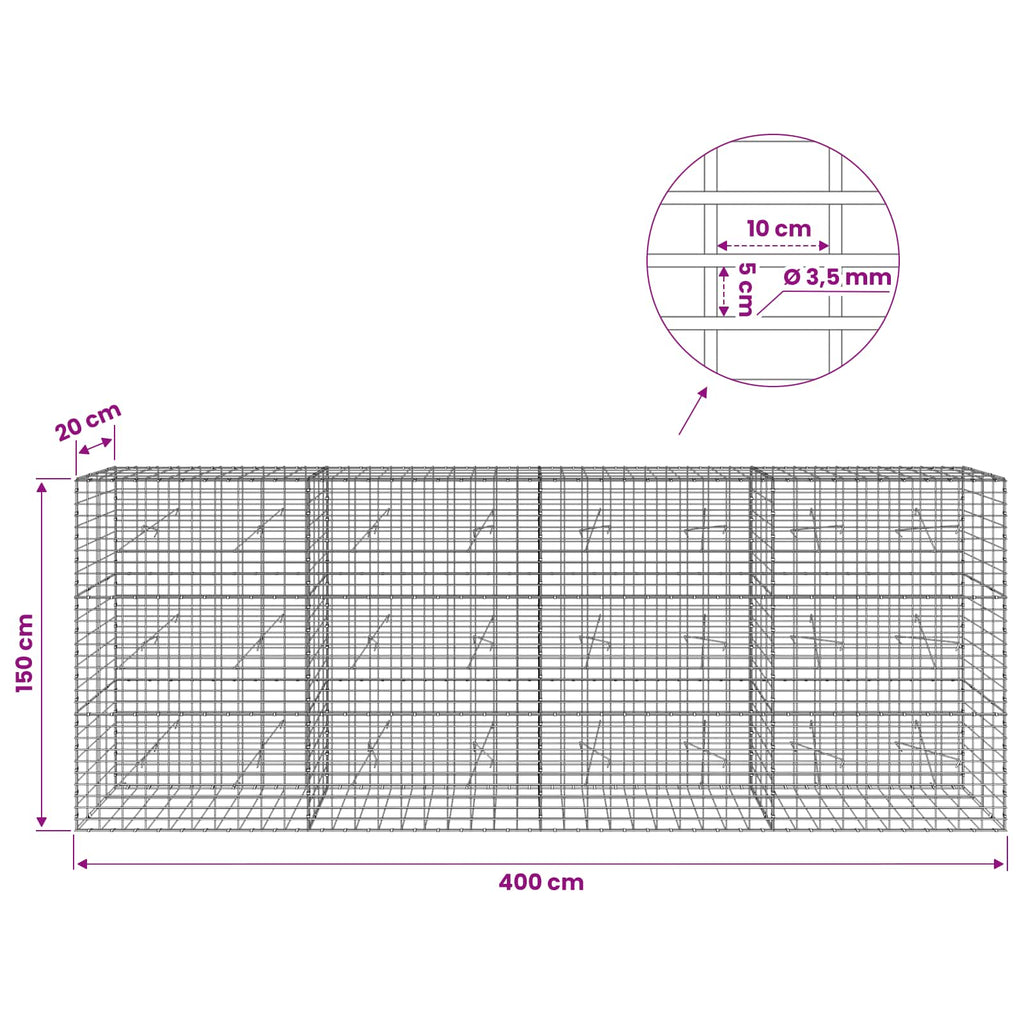 vidaXL Gabion z drutu 3,5 mm i siatką 5x10 cm 400x20x150 cm