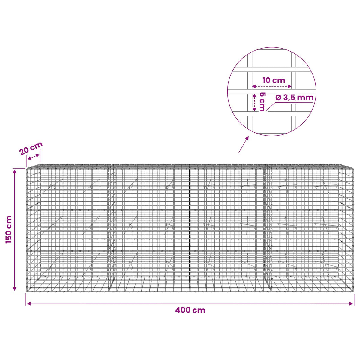 vidaXL Gabion z drutu 3,5 mm i siatką 5x10 cm 400x20x150 cm