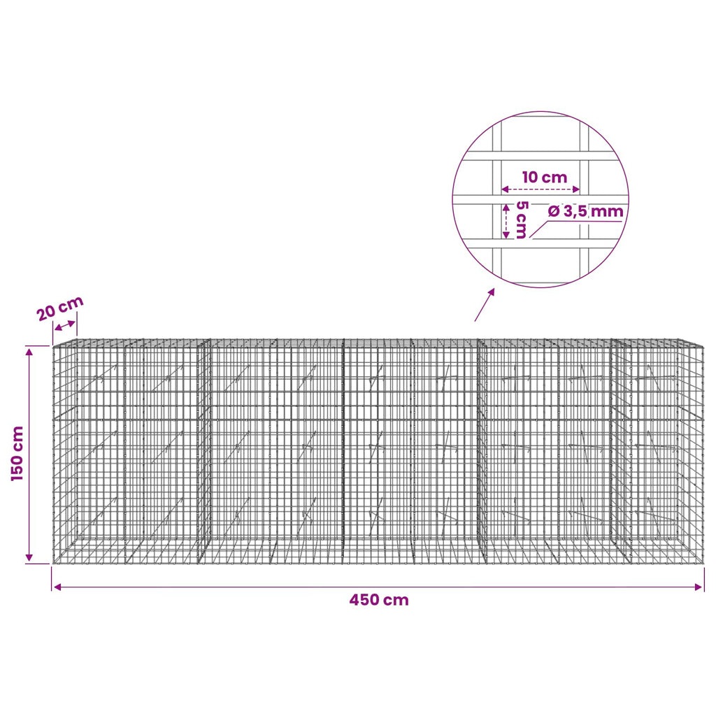 vidaXL Gabion z drutu 3,5 mm i siatką 5x10 cm 450x20x150 cm
