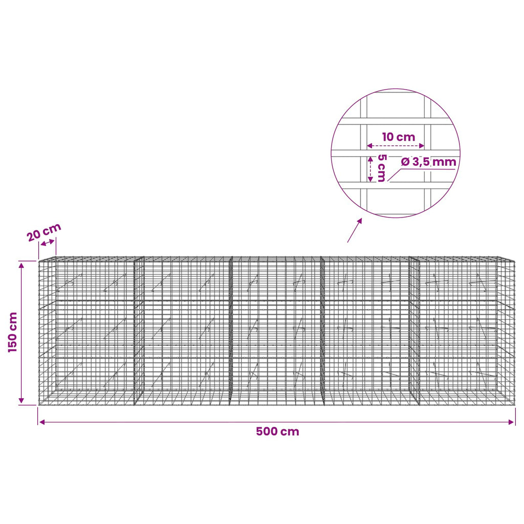 vidaXL Gabion z drutu 3,5 mm i siatką 5x10 cm 500x20x150 cm