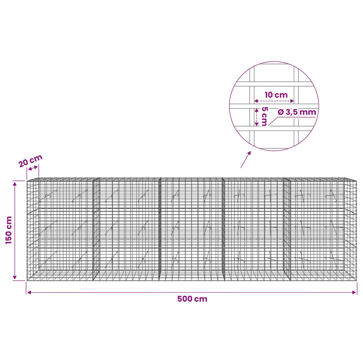 vidaXL Gabion z drutu 3,5 mm i siatką 5x10 cm 500x20x150 cm