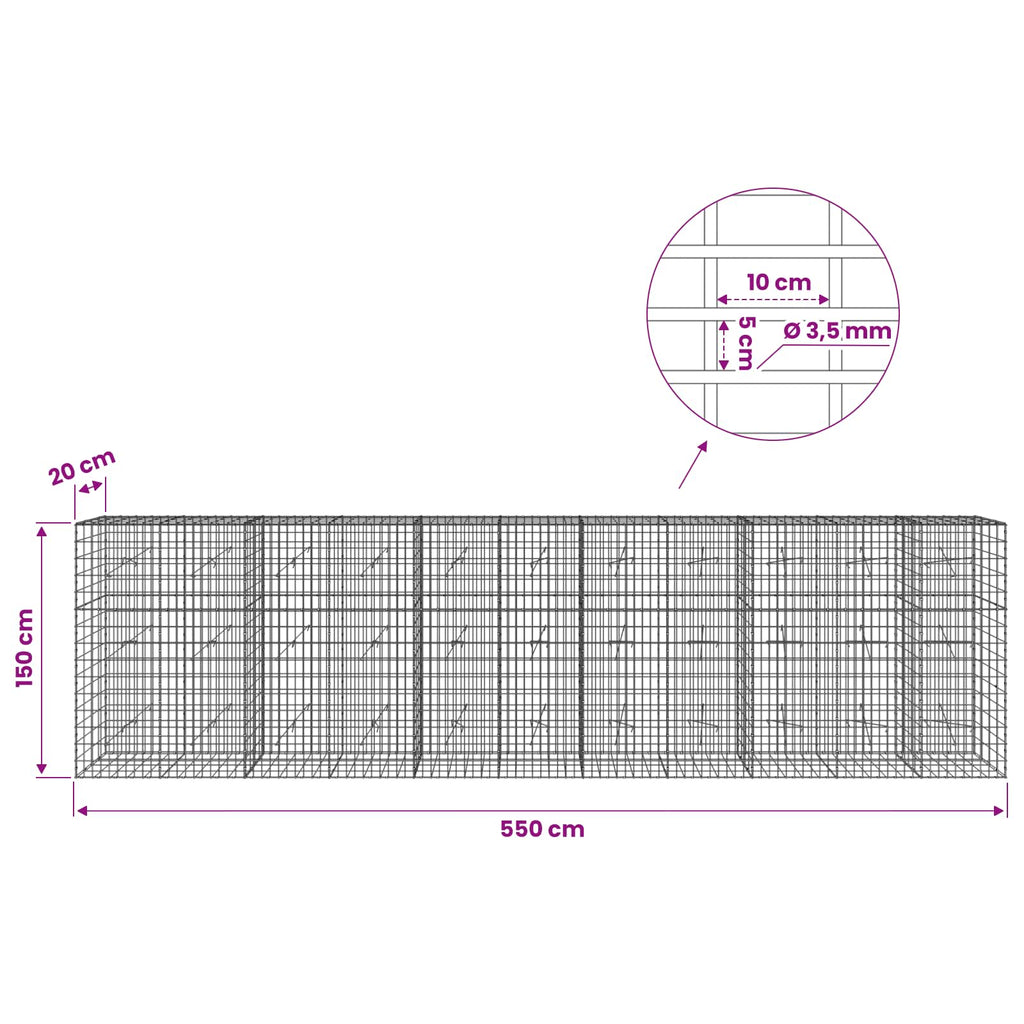 vidaXL Gabion z drutu 3,5 mm i siatką 5x10 cm 550x20x150 cm
