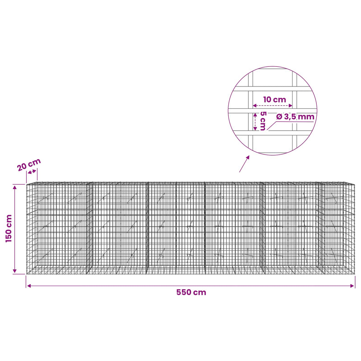 vidaXL Gabion z drutu 3,5 mm i siatką 5x10 cm 550x20x150 cm