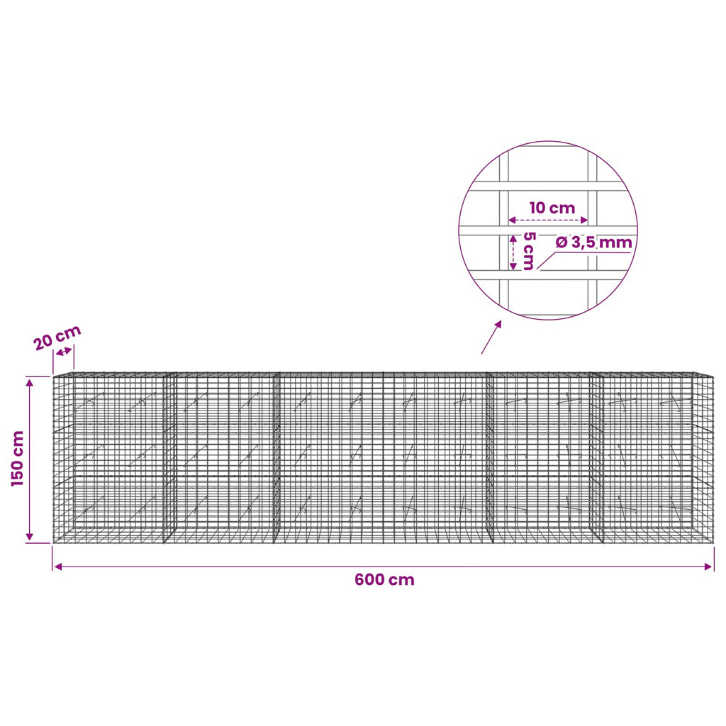 vidaXL Gabion z drutu 3,5 mm i siatką 5x10 cm 600x20x150 cm
