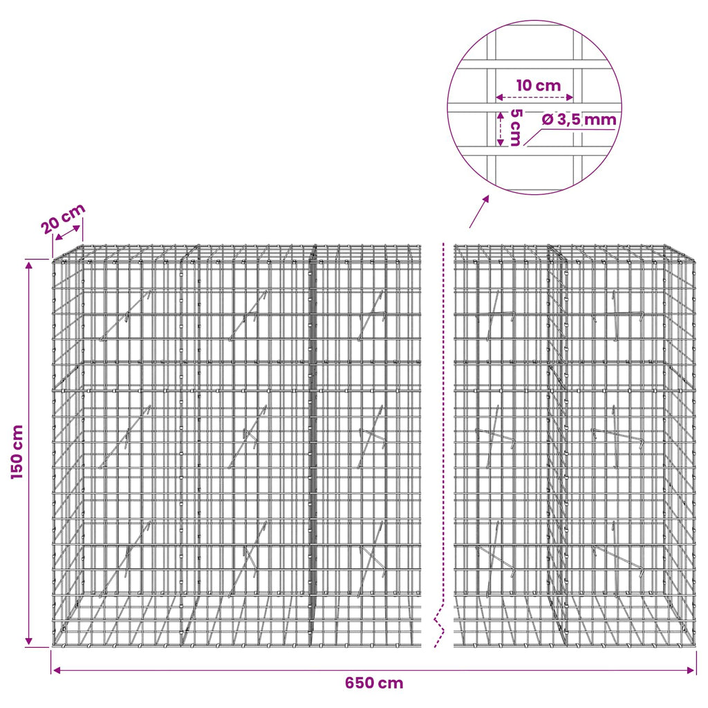 vidaXL Gabion z drutu 3,5 mm i siatką 5x10 cm 650x20x150 cm