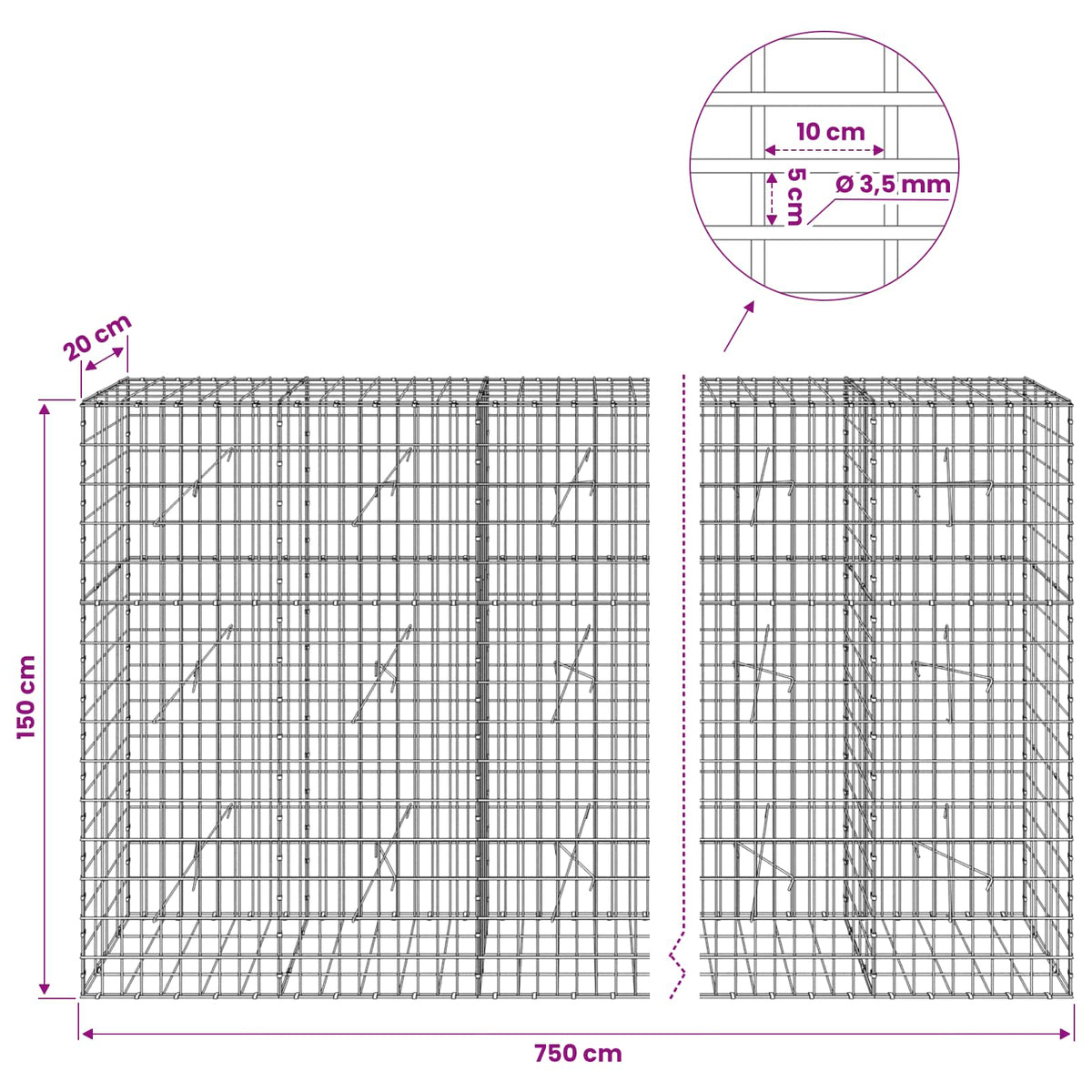 vidaXL Gabion z drutu 3,5 mm i siatką 5x10 cm 750x20x150 cm