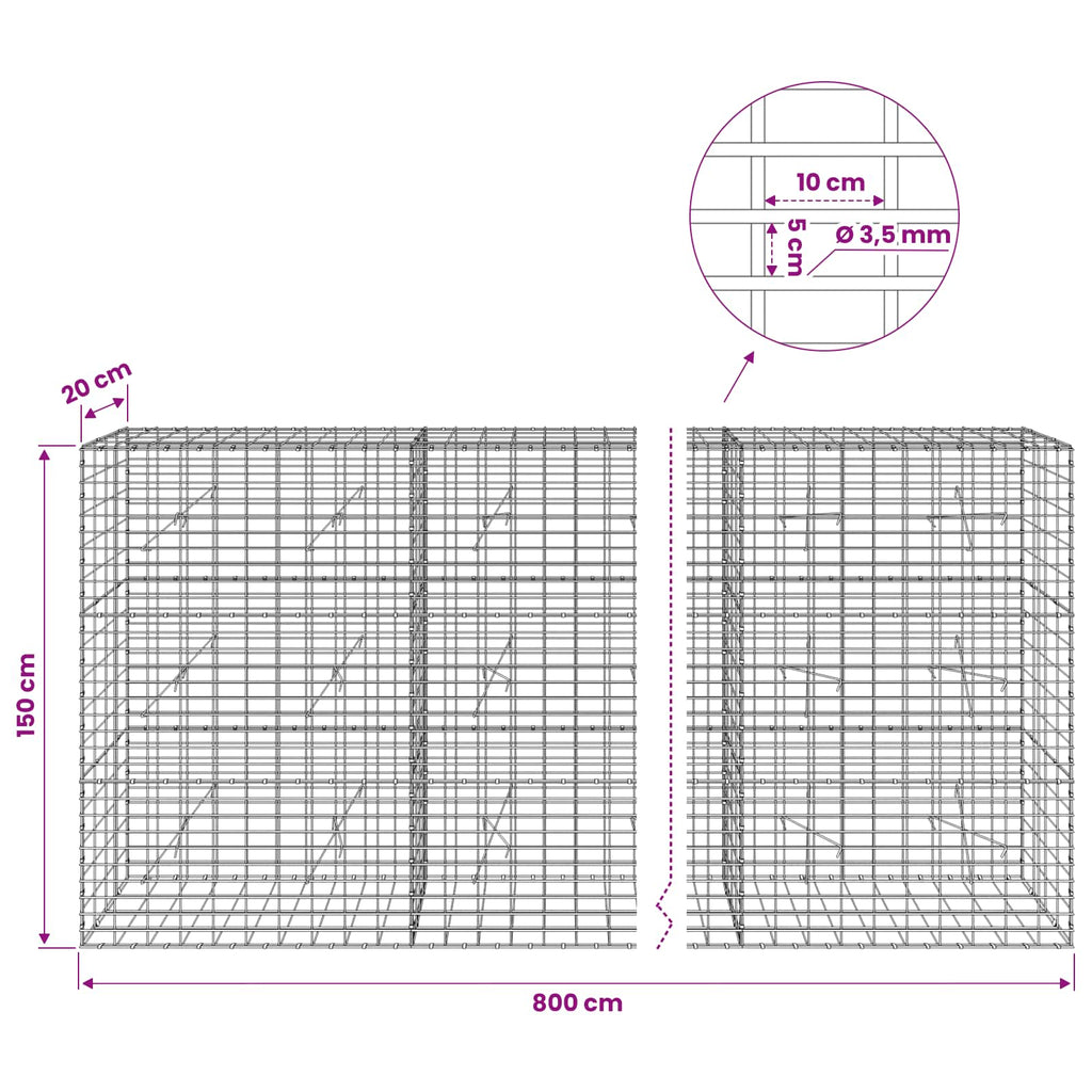 vidaXL Gabion z drutu 3,5 mm i siatką 5x10 cm 800x20x150 cm