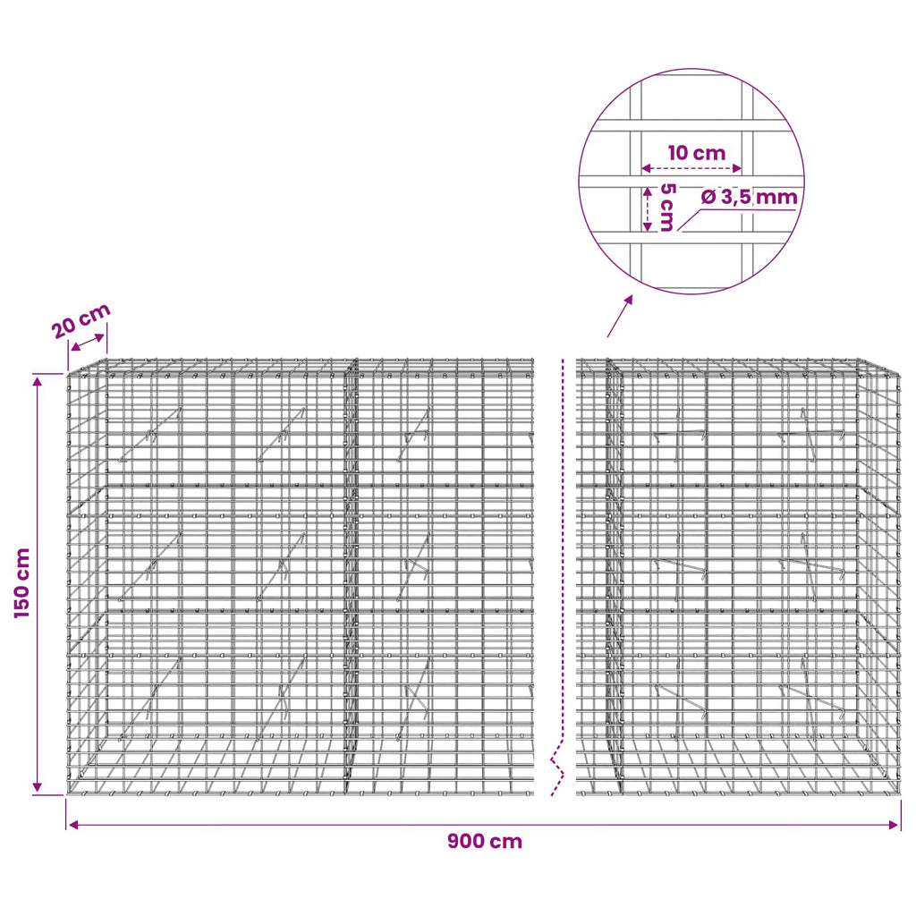 vidaXL Gabion z drutu 3,5 mm i siatką 5x10 cm 900x20x150 cm