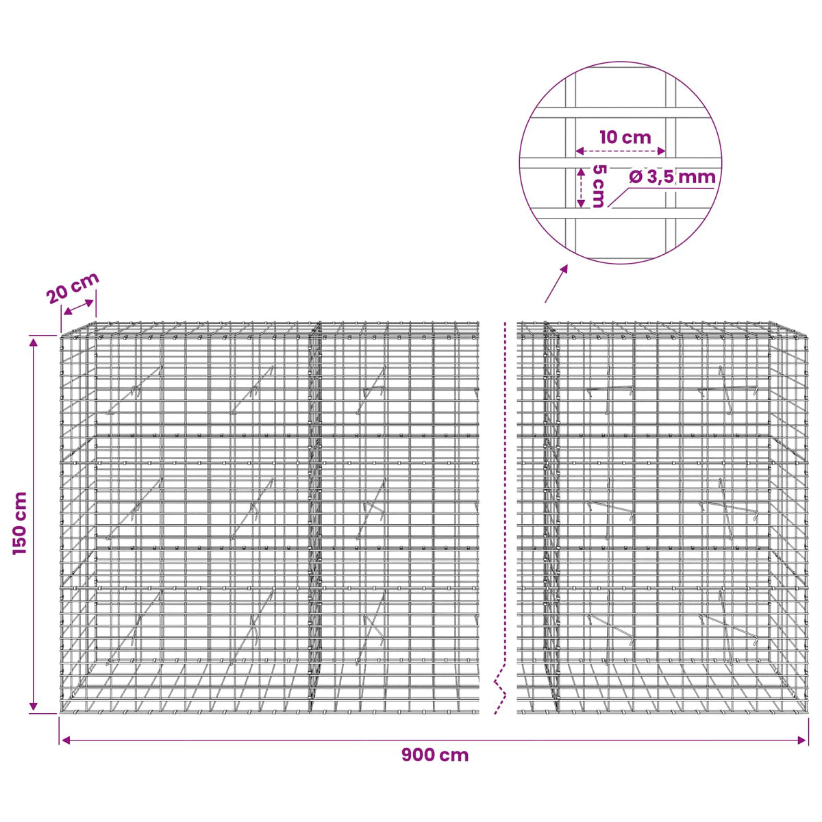 vidaXL Gabion z drutu 3,5 mm i siatką 5x10 cm 900x20x150 cm
